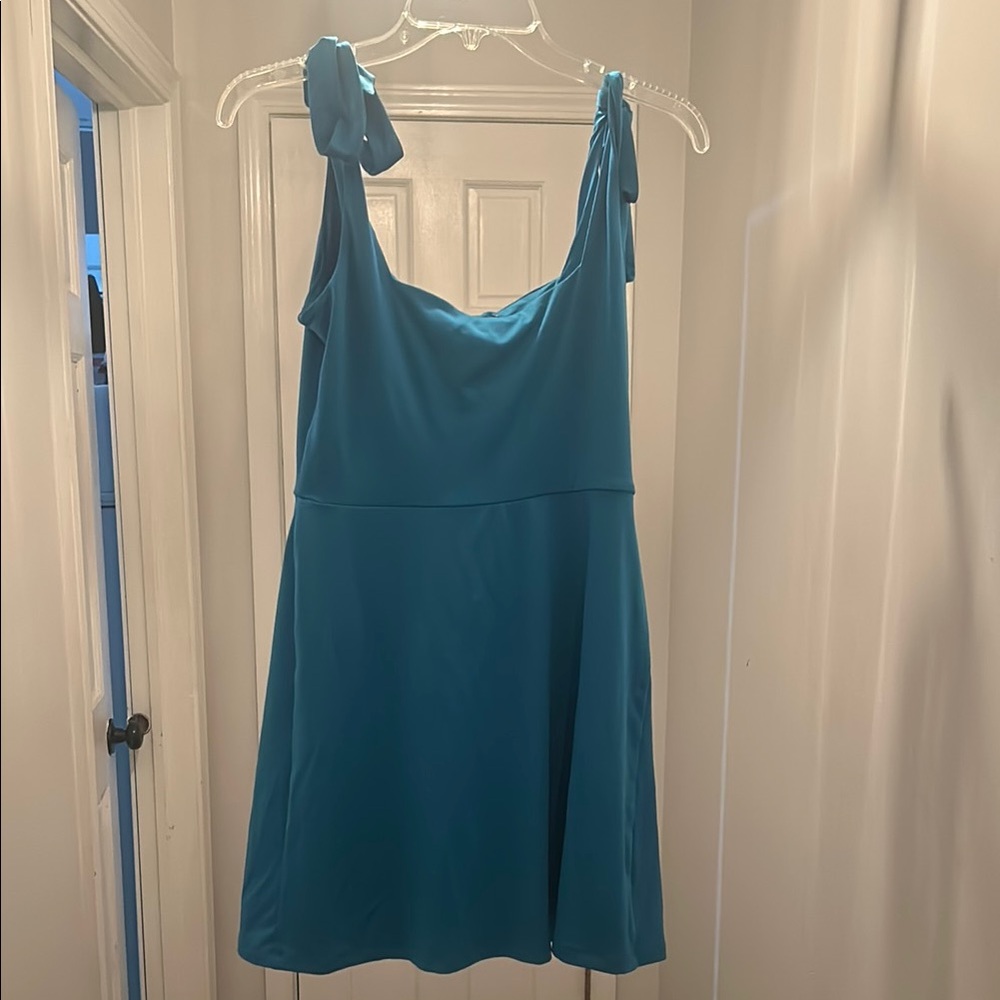 Blue Ribbed Tie Front Mini Sundress for Cocktail